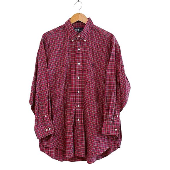 Ralph Lauren Yarmouth Shirt Size 17 Plaid Red Cotton Button Collar Long Sleeve - Picture 1 of 7
